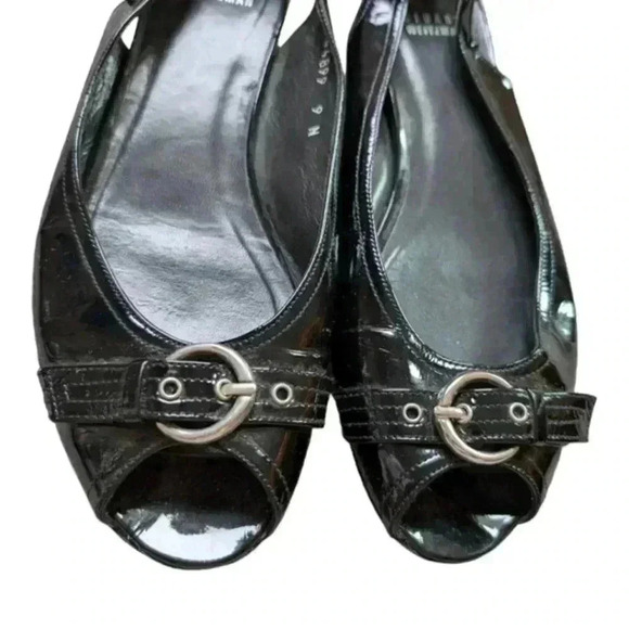 Stuart Weitzman Chit  Chat Flats Peep Toe Patent Leather Black Silver Women's 9 - Picture 6 of 16